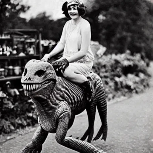 Image similar to 1920s flapper girl riding a dinosaur to the market, colorized