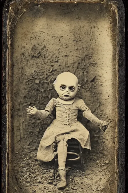 Image similar to dirty cracked crying vintage evil bald doll sitting in dirt basement cobwebs tintype photo