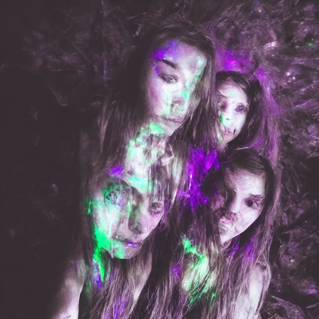 Image similar to girl takes selfie with ghost spirit, iridescent metallic colors, dark eerie photo vibes