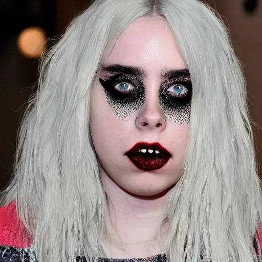 Image similar to billie eilish having Trypophobia on her face, face full of holes