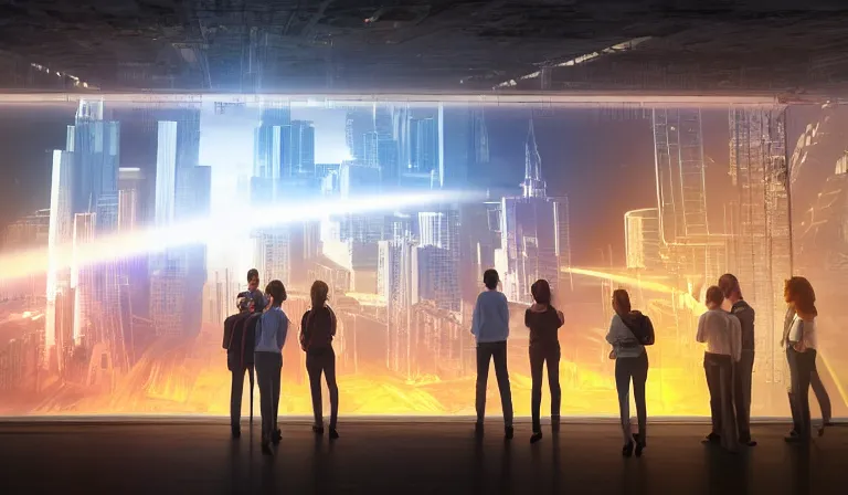 Prompt: group of people in simple warehouse, staring at hologram of futuristic city on a table, cinematic concept art, godrays, golden hour, natural sunlight, 4 k, clear details, tabletop model buildings, center model buildings, hologram center, crane shot, crane shot, crane shot