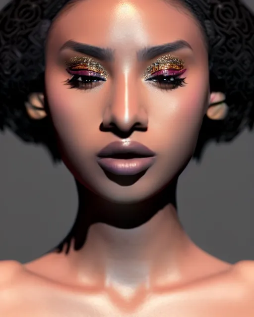 Prompt: beautiful female, arabic, haze, model, brown skin, intricate, filter, symmetrical face, makeup, sephora, maybelline, studio, reflections, cinematic, filmic, vsco, concept art, artstation, elegant, model, gorgeous, vray, flim, octane render, ambient occlusion, prism details, art by brenda zlamany