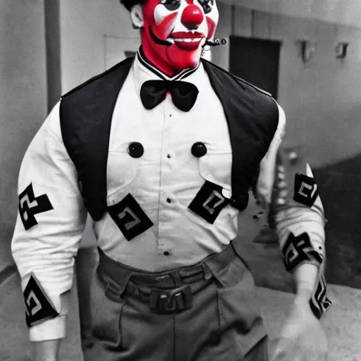 Prompt: UHD candid photo of Arnold Schwarzenegger dressed as a Nazi, wearing extremely intricate clown makeup, accurate face, UHD, photorealistic, correct face, photo by Annie Leibowitz
