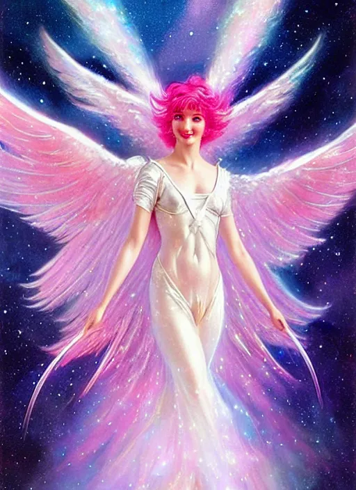 Prompt: closeup harmony of pink haired angel beautiful yoongi wearing white sparkly shiny greek clothes, muted colors, nebula background, neon sparkles everywhere, big wings, dynamic hair movement, + + + + + + dynamic pose, holographic space, glowing effect, j. c leyendecker, by alan lee, wlop! illustrated by starember, fantasy art by craig mullins