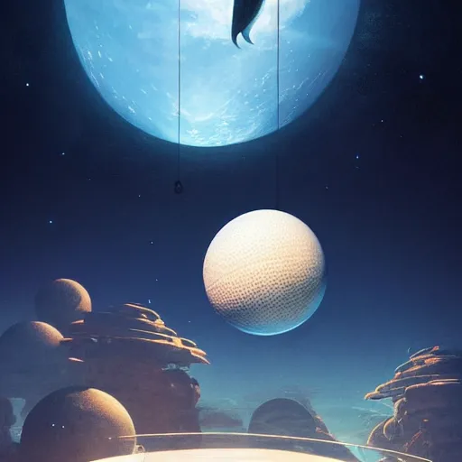 Image similar to a sphere aquarium full of fish inside it. the aquarium is floating in space, in the size of a planet. the moon is in the background. illustration, digital art, realistic, pixar style, by greg rutkowski and ash thorp, vivid colors, detailed, trending on artstation, high quality, cinematic, rule of thirds