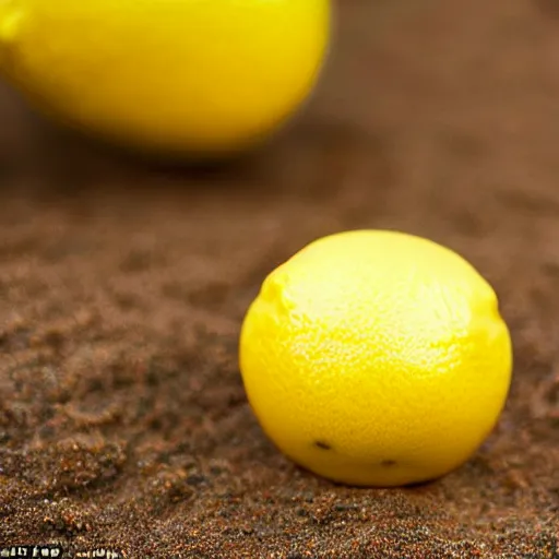 Image similar to a lemon in shape of a human with legs of lemons and round body, arms of lemons, relaxing on a beach, very realistic, high quality, volumetric light