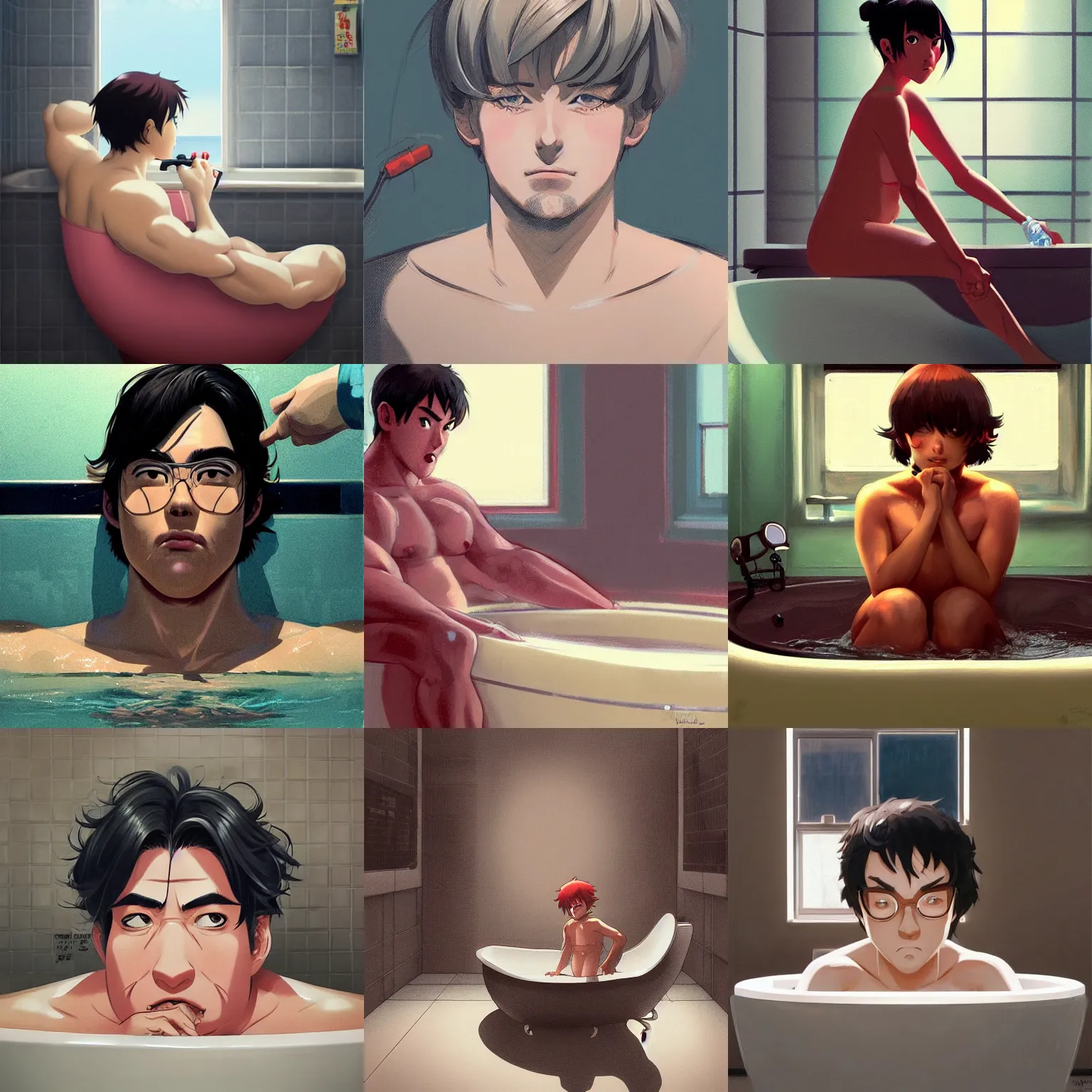 Prompt: a hog man sitting in the tub, | very very anime!!!, fine - face, audrey plaza, realistic shaded perfect face, fine details. anime. very strong realistic shaded lighting poster by ilya kuvshinov katsuhiro otomo ghost, magali villeneuve, artgerm, jeremy lipkin and michael garmash and rob rey