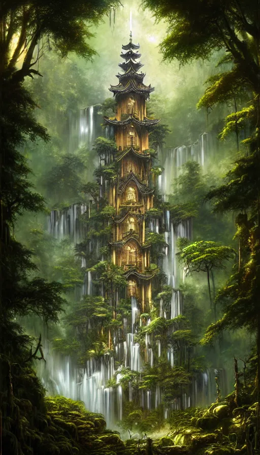 Prompt: gothic towers, Japanese shrine waterfall, gold and gems, lush vegetation, forest landscape, painted by tom bagshaw, raphael lacoste, eddie mendoza, alex ross concept art matte painting