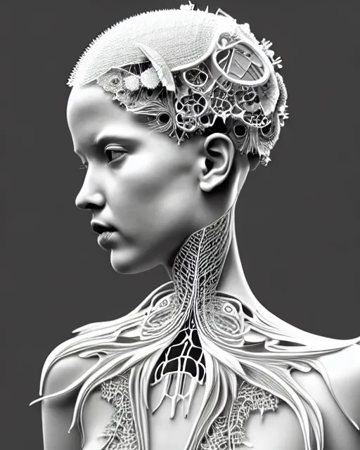 Image similar to bw 3 d render, beautiful angelic biomechanical albino girl cyborg with a porcelain profile face, rim light, big leaves and stems, roots, fine foliage lace, alexander mcqueen, art nouveau fashion embroidered collar, steampunk, silver filigree details, hexagonal mesh wire, mandelbrot fractal, elegant, artstation trending