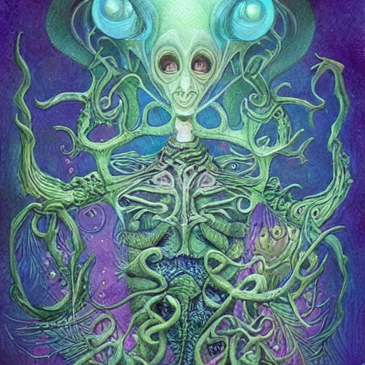 Prompt: psychedelic alien, artwork by Daniel Merriam,