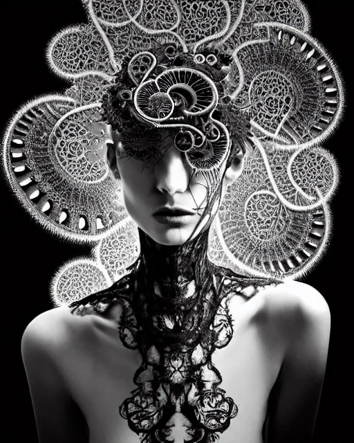 Image similar to surreal black and white photo portrait of complex bio-mechanical beautiful young female vegetal-cyborg with a Mandelbrot fractal steampunk metal fine lace face, a very long neck and a fine metal floral foliage super big lace collar by Alexander McQueen:: smoke, high fashion, haute couture, rococo, steampunk, silver filigree details, anatomical, facial muscles, cable wires, microchip, elegant, dreamy, foggy atmosphere, hyper realistic, 150 mm lens, soft rim light, octane render, unreal engine, picture was taken in 1910 by Man Ray, volumetric lighting, dramatic light,8k,