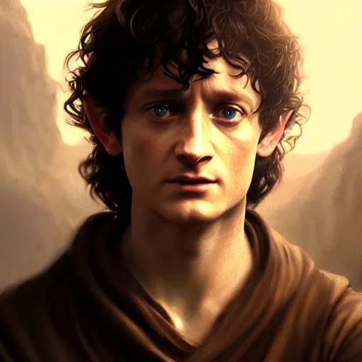 Image similar to selfie of frodo, fine detailed face, long curly hair, stunning 3 d render inspired art by greg rutkowski and xiang duan and thomas eakes, realistic, highly detailed attributes and atmosphere, dim volumetric cinematic lighting, 8 k octane detailed render, post - processing, masterpiece