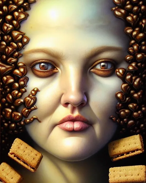 Image similar to detailed portrait of drew barrymore marshmallow chocolate graham cracker beautiful! by tomasz alen kopera and peter mohrbacher and johanna martine! and margaret keane! elegant alluring luminescent