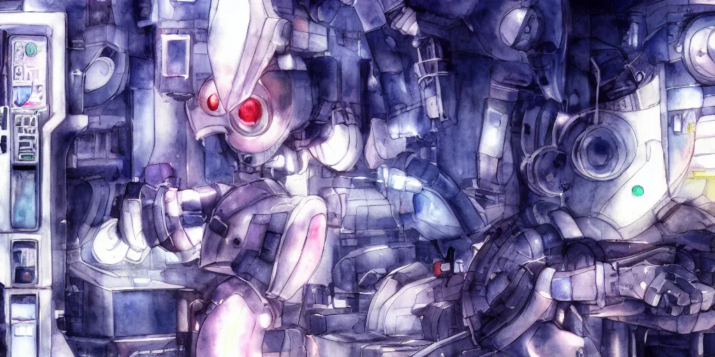 Image similar to watercolour painting of a broken robot repairing itself, anime, pencil lines, light watercolour, pale sky, beautiful artwork, anime screenshot, akihabara