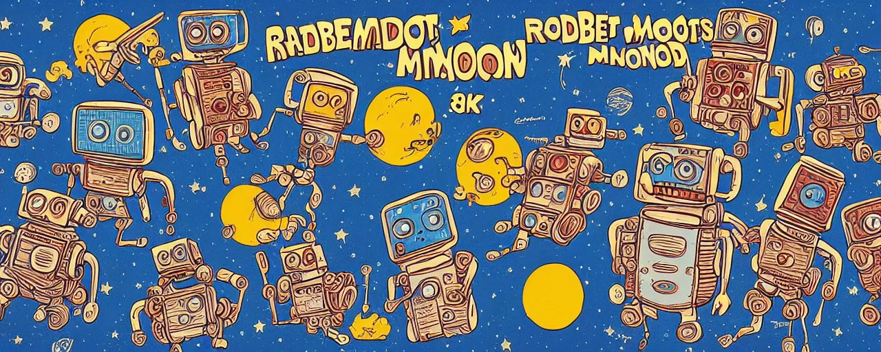 Prompt: cute robots working on the moon trending on artstation 8K pincushion lens effect, robert crumb cartoon