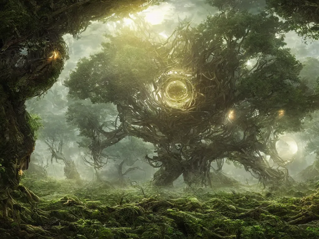 Image similar to an intricate realistic matte painting of an epic battle between a forest and technology at the center is a circular glowing bio-mechanical portal made of trees fighting mechanical and electrical parts