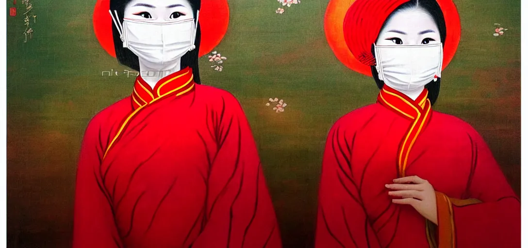 Prompt: vietnamese female with white cloth mask wearing traditional red ao dai, full moon on the sky, a ultra detailed beautiful panting by le pho