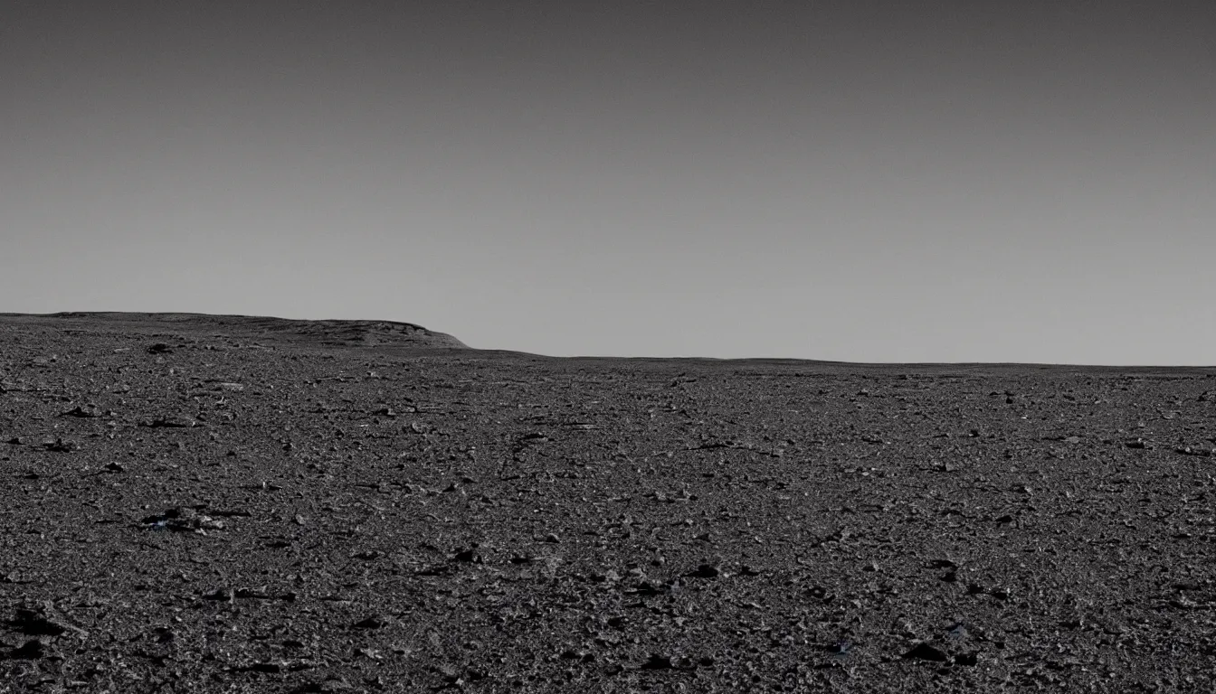 Prompt: desolate alien landscape. small lander to the right. photo. purple sky.