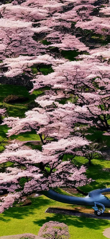 Image similar to “ a aerial photo of tyrannosaurus at a sakura tree, side shot, by shunji dodo, 8 k resolution, high quality ”