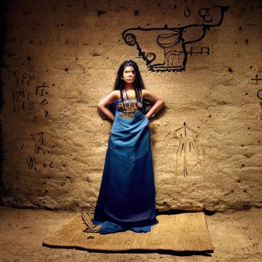 Prompt: A perfect Mayan female goddess stands for a waist up portrait with her body sightly wrapped in thin gold wire creatively arranged so as to look like Mayan Hieroglyphic tattoos, in an abandoned barn, hyper photo realistic 8K HD HDRI, photo by Annie Leibovitz.