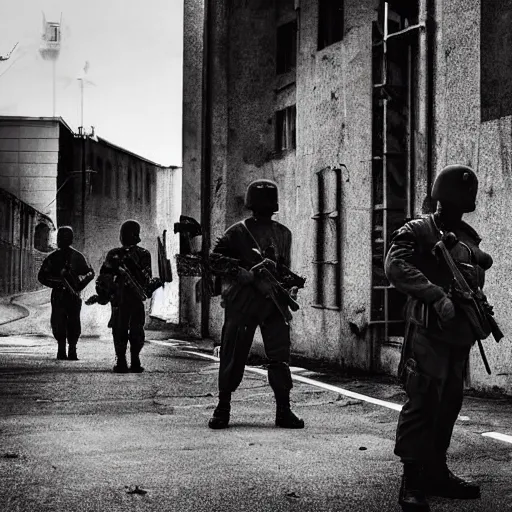 Image similar to realistic ominous soldiers in street, brutalist, cinematic, atmospheric lighting, old photograph, gunfire, muted colors, black white red, bones, banners, directed by villeneuve