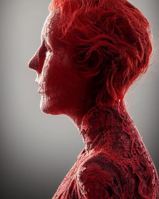 Prompt: a woman's face in profile, red hair, made of intricate lace skeleton, in the style of the dutch masters and gregory crewdson, dark and moody