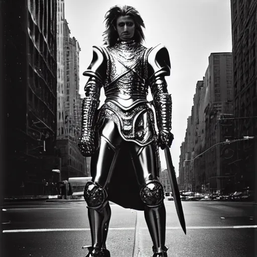 Prompt: a masterpiece ultrarealistic ultradetailed portrait of full silver armored magic knight on new york streets, mullet, hispanic man greatsword, baroque renaissance. fashion pose, photo by richard avedon and helmut newton, telephoto, intricate, elegant, by yasuhiro wakabayashi, global illumination. vfx