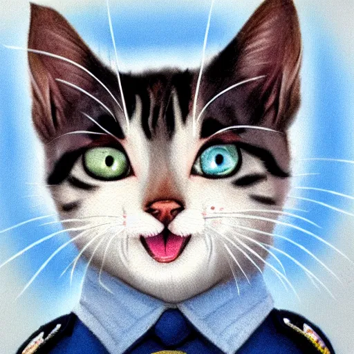 Image similar to a kitten with light blue cartoon eyes looking very happy with a cheeky grin, wearing a police uniform, portrait with pastel paints