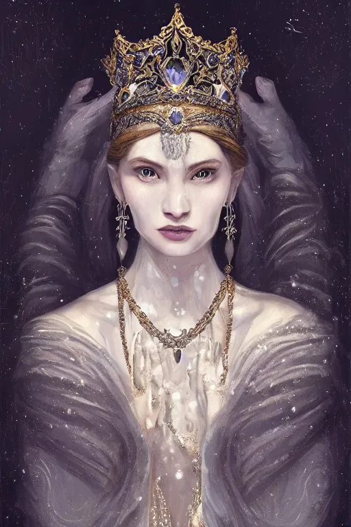 Image similar to portrait of a beautiful stunning peaceful majestic ice queen wearing intricate jewelry, oil on canvas, baroque style, perfect symmetrical face, mood lighting, ornate and elegant, winter, philosophical, painterly, 🌚, digital art, detailed, trending on artstation