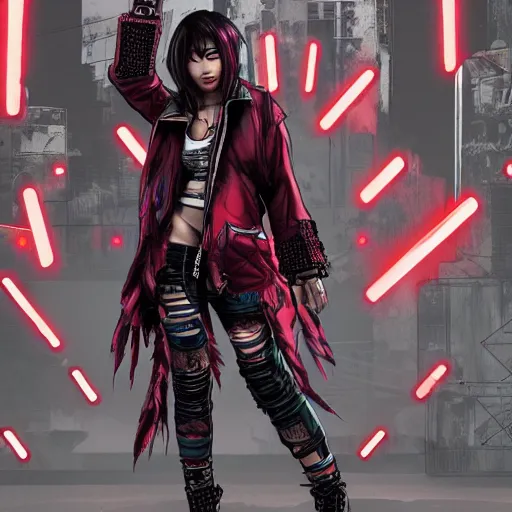 Image similar to a full body illustration of an Asian female cyberpunk character with red Mohawk, wearing oversized techwear jacket with one shoulder off revealing tank top underneath, torn punk leather pants, highly detailed, soft lighting, by Glenn Fabry, HD, 4K