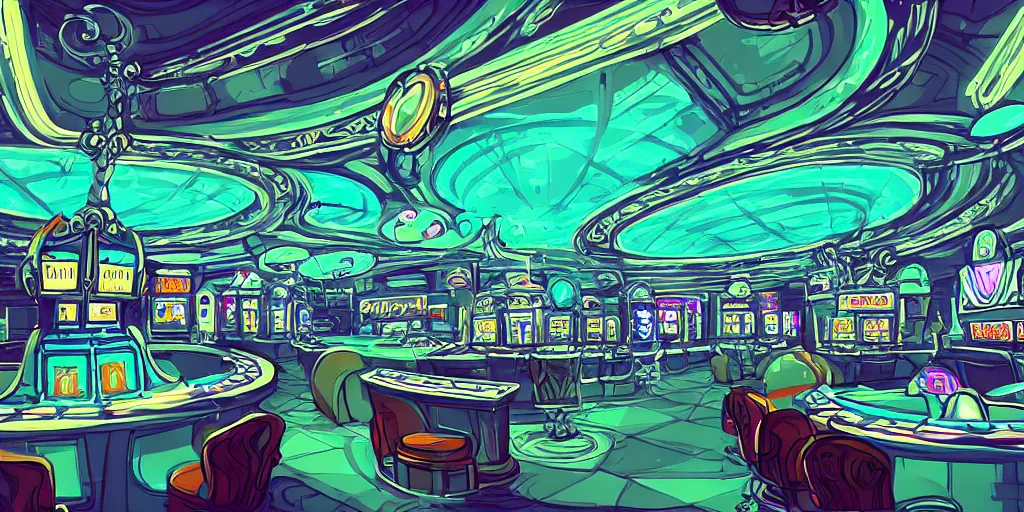 Image similar to extreme wide angle curly perspective digital art of indoor casino with a stage pale colors by anton fadeev from nightmare before christmas