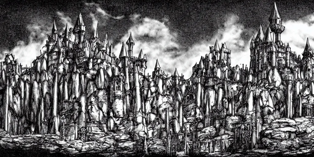 Image similar to illustration of a fantasy Castle in the middle of the desert, monochrome, manga style, by Kentaro Miura, sharp, dramatic lighting