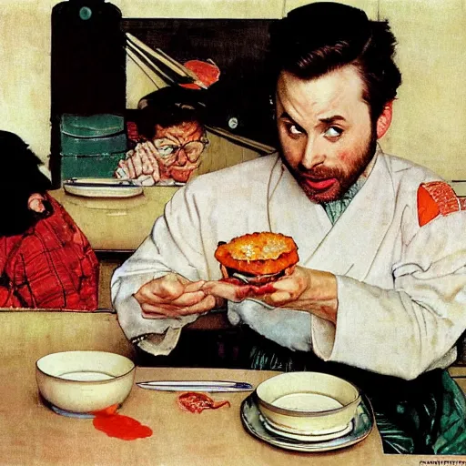 Prompt: Charlie Day eating sushi out of a white toilet bowl, Norman Rockwell,