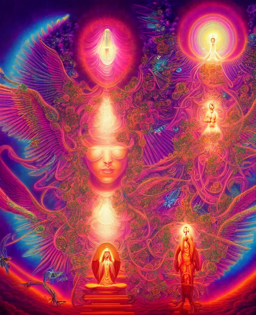 Image similar to a beautiful hyperdetailed painting of divine human spiritual evolution, enlightenment, consciousness, retrowave fantasy, wallpaper, highly detailed, trending on artstation.