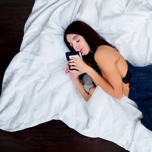 Prompt: young woman with cinnamon colored skin and dark blue hair on her phone under the white sheets on her white bed, masterpiece , Corporate Memphis , award winning. Post-processing