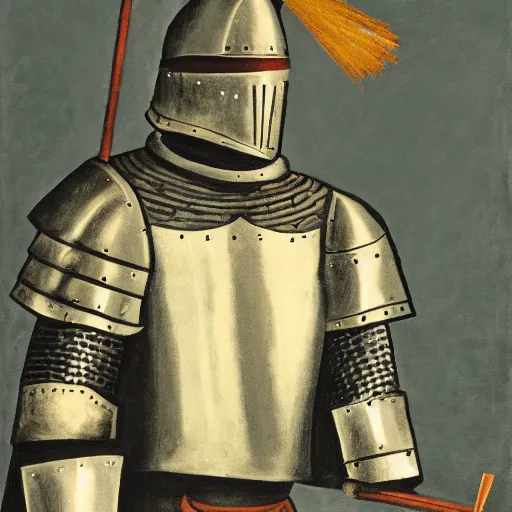 Prompt: medieval armored knight with only one arm and with a bucket on his head, painting