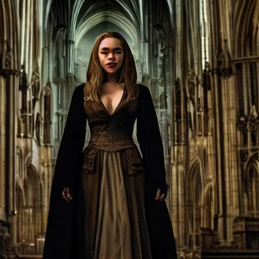 Image similar to emilia clarke as a female demon in a gloomy gothic cathedral at night