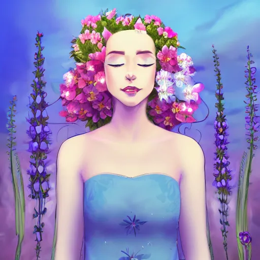 Prompt: a drawn picture of a dreaming woman with flowers grow out of hair, roses peonies forget-me-nots dahlias lupins gladioli, sky theme in background, Digital Art, Trending on artstation