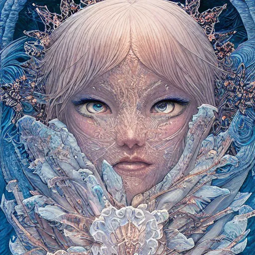 Image similar to of intricate and detailed beautiful frozen flower, symmetrical, by yoichi hatakenaka, masamune shirow, josan gonzales and dan mumford, ayami kojima, takato yamamoto, barclay shaw, karol bak