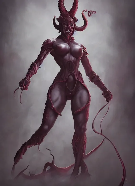 Prompt: a detailed full body portrait an athletic female tiefling smiling at the camera, rule of thirds, beautiful face, queen of blades, diablo 4 lilith, mutation, by yusuke murata, by hiroya oku, tom bagshaw, by dorian cleavenger, zdzisław beksinski, bastien lecouffe - deharme trending on artstation