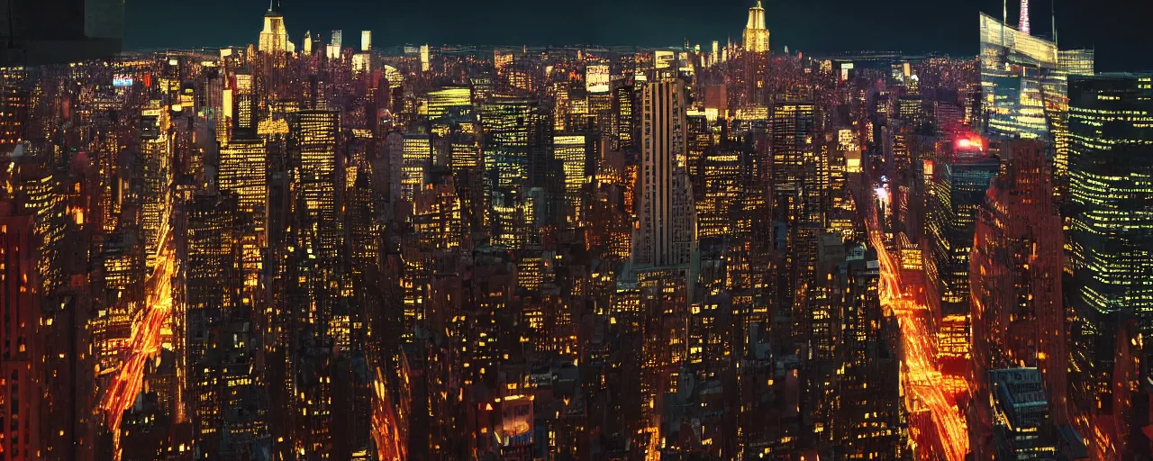 Prompt: ''photorealistic stablishing shot of futuristic new york city, at night with neon signs, shot in imax camera with anamorphic 4 0 mm lens by denis villeneuve''