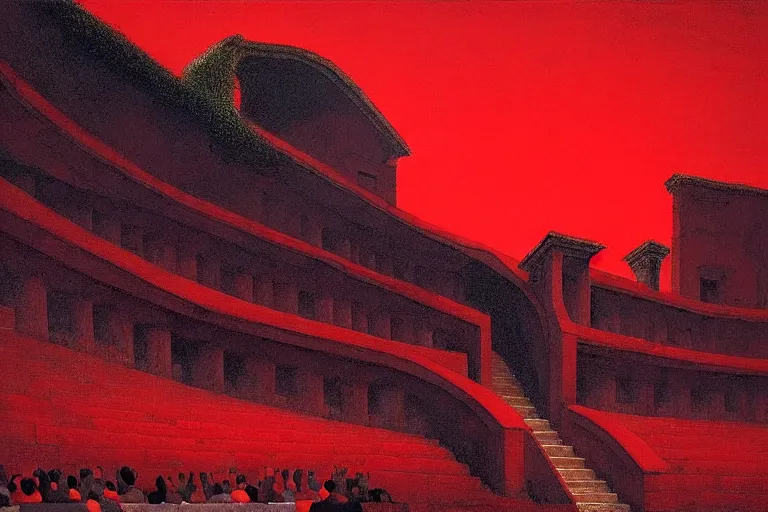 Image similar to only with red, a red great emperor, taormina amphitheatre, crowd with big smile, in the style of beksinski, parts by edward hopper, parts by rodcenko, parts by yue minjun, intricate and epic composition, red by caravaggio, insanely quality, highly detailed, masterpiece, red light, artstation, 4 k