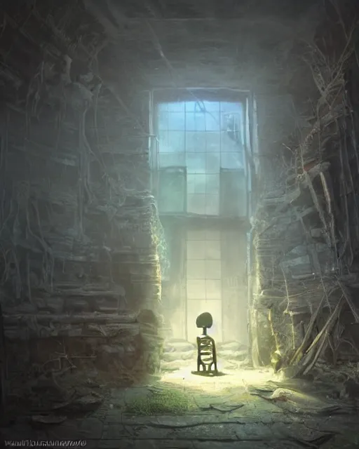 Prompt: a skeleton sitting in an old corner chained up an old abandoned dungeon, very little moss, sunbeams streaming in through an unseen window, ancient. Atmospheric lighting, By Makoto Shinkai, Stanley Artgerm Lau, WLOP, Rossdraws, James Jean, Andrei Riabovitchev, Marc Simonetti, krenz cushart, Sakimichan, D&D trending on ArtStation, digital art.