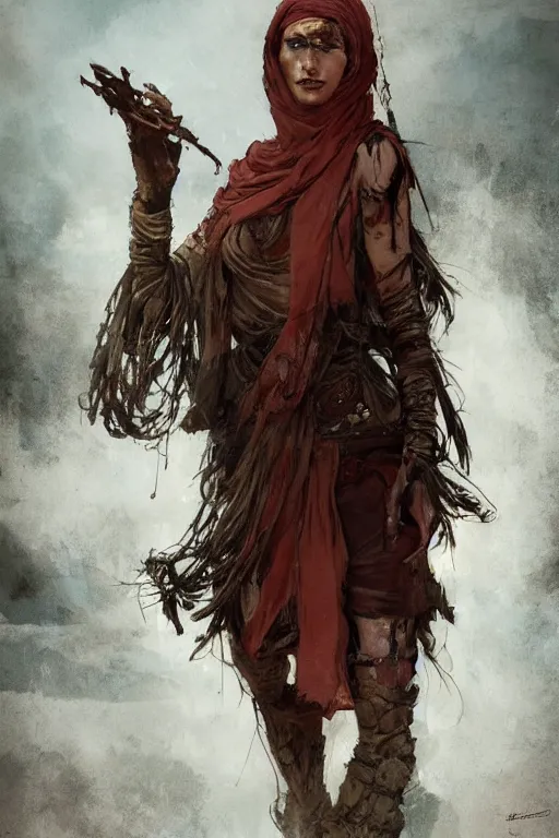 Prompt: a full body portrait of a beautiful post apocalyptic offworld sorcerer ’ s district bedouin blind pulp fiction scarlet wild rogue barbarian leper begging by the roadside, intricate, elegant, highly detailed, digital painting, artstation, concept art, smooth, sharp focus, illustration, art by krenz cushart and artem demura and alphonse mucha