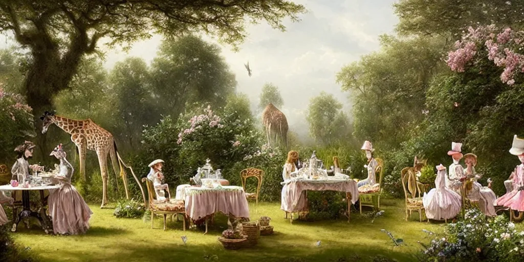 Prompt: elegant victorian tea party with giraffes in an english summer garden patio, hyper realistic greg rutkowski - h 7 6 8