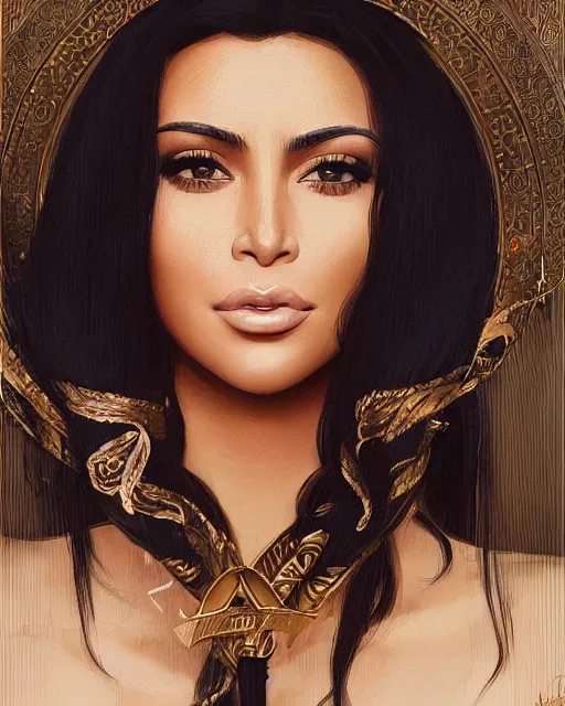 Image similar to a highly realistic, true to life portrait of kim kardashian as a beautiful young middle eastern girl, sharp focus, from the waist up, with sharp features, a beautiful face, soft smile, under studio lighting, taken with a canon eos camera with 1 3 5 mm focal length, art by artgerm and greg rutkowski and alphonse mucha