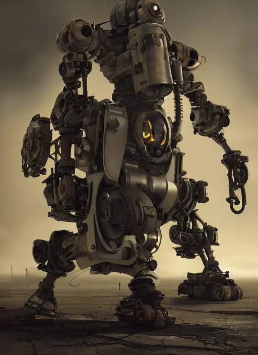 Image similar to a photorealistic dramatic hyperrealistic render of a futuristic exosuit power loader heavy machinery, ultra realistic details, glossy yellow, well worn, rust, oil stains by vitaly bulgarov and mike nash, beautiful dramatic dark moody tones and lighting, cinematic atmosphere, studio lighting, global illumination, shadows, dark background, octane render, 8 k