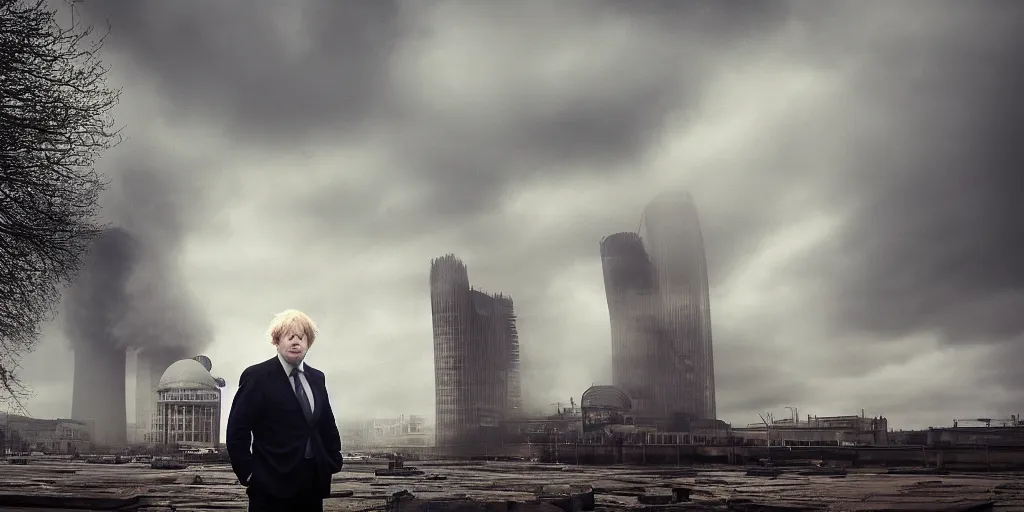 Prompt: a color photograph of Boris Johnson standing in front a nuclear landscape of the southbank centre in london, the london eye and big ben are still standing, collapsed brutalist architecture, groups of human figures stagger amongst the ruins, fog, dust atmosphere, brooding clouds, mushroom cloud, detailed, 4k, Fallout, postapocalyptic