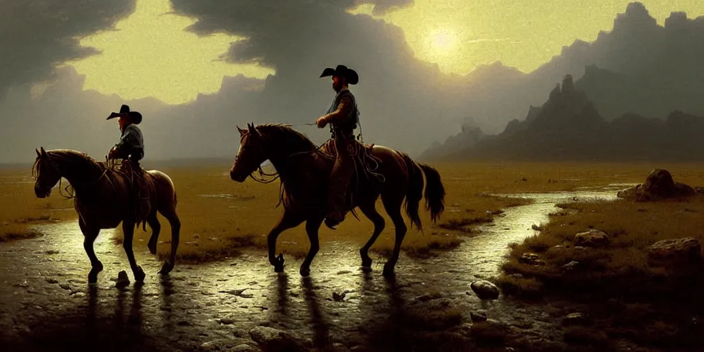 Prompt: a lonesome cowboy on his horse is crossing american plains with a small riverbed, mountaineous background, cloudy day, highly detailed, digital art, by greg rutkowski, by albert bierstadt