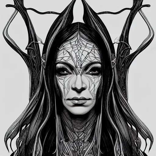 Image similar to wideview of an elven witch,intricate, veins, by Hugo pratt, ultradetailed, trending on artstation,